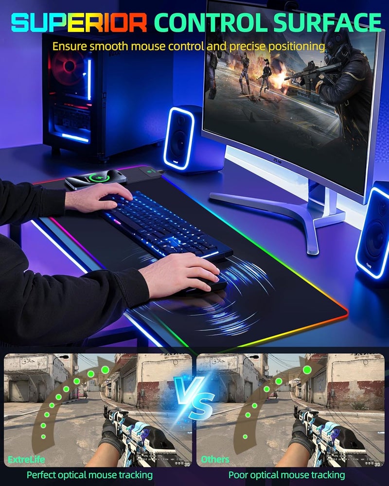 ExtreLife Mouse Pad with Wireless Charging, RGB Gaming Desk Mat, Large XXL Desk Pad, 15 Lighting Modes, Ultra-Smooth Surface, Non-Slip Mouse Mat, Waterproof Computer Keyboard Pad for Gamer, 800x400x4MM, Black - Image 4